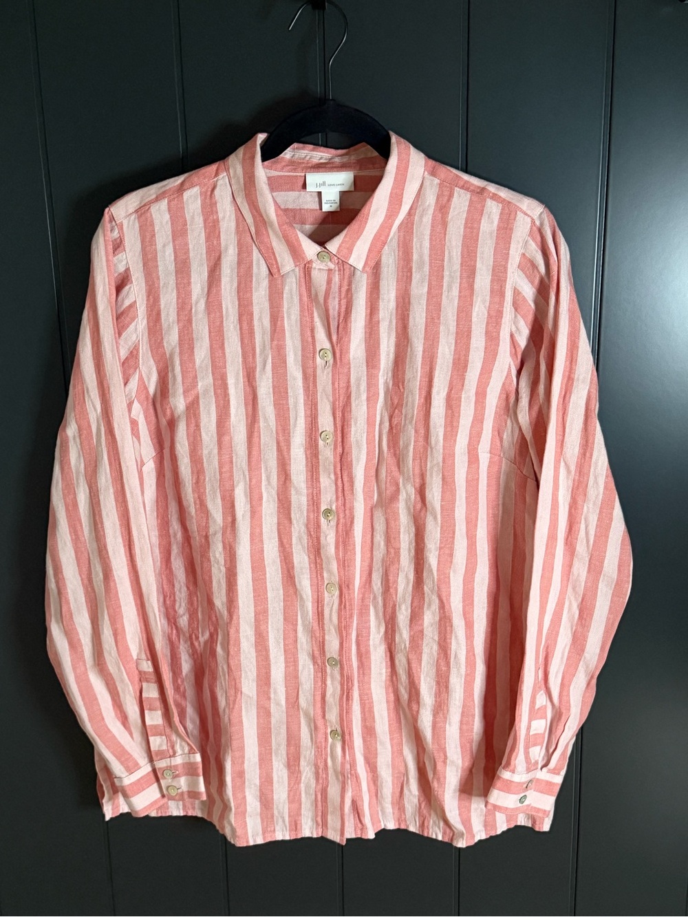 🐷 NWT J. Jill Women’s Pink Striped Linen Button Down - Size M